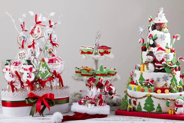 Set Von Bunten Weihnachtsbonbons Pfannkuchen Und Kuchen Mit Roten Bändern — Stockfoto
