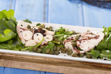 Lezzetli deniz ürünleri ahtapot roka ile beyaz plaka