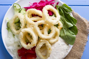 Lezzetli derin kızarmış kalamar garson beyaz daire plaka, kırmızı lahana, tartar, halka dilimlenmiş soğan ve yeşil roka salatası rustik mavi ahşap arka plan üzerinde. Kalamar çok mutfaklarının yemek. Üstten görünüm.