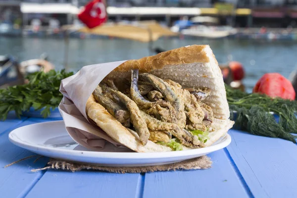 Türk geleneksel Delicious derin kurutulmuş Avrupa Hamsili balık malzemeleri yuvarlak tabak, mavi rustik arka plan masaya dilimlenmiş domates, roka salatası, beyaz soğan ve limon hizmet sandviç. Kopya alanı