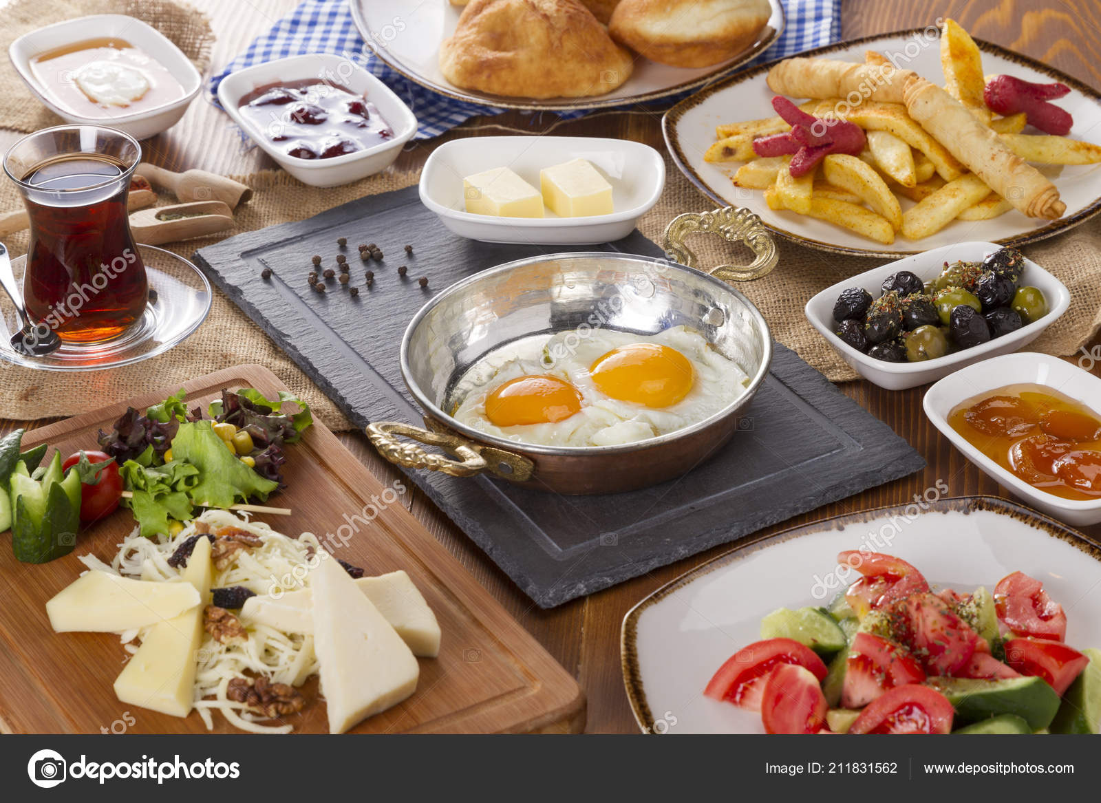 Rich Delicious Turkish Arabic Traditional Breakfast Serving Wooden