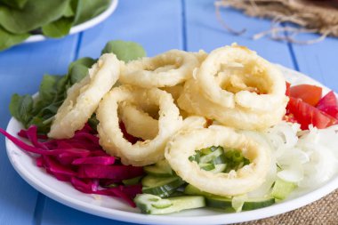 Lezzetli derin kızarmış kalamar garson beyaz daire plaka, kırmızı lahana, tartar, halka dilimlenmiş soğan ve yeşil roka salatası rustik mavi ahşap arka plan üzerinde. Kalamar çok mutfaklarının yemek. Üstten görünüm.