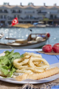 Lezzetli derin kızarmış halkalar sandviç hizmet beyaz daire plaka, yarım ekmek, soğan ve yeşil roka salatası rustik mavi ahşap arka plan üzerine dilimlenmiş. Kalamar çok mutfaklarının yenir. Üstten görünüm.