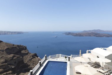 Santorini Island, Yunanistan için en romantik Yunan Oia şehir. Santorini klasik Thera ve resmen Thira.