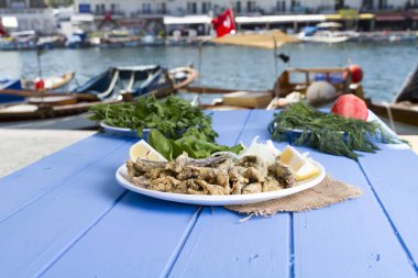 Tabak kızarmış taze mevsimlik otlar, hafif mavi ahşap masa dilimlenmiş soğan, roka, maydanoz ve limon ile hizmet veren kırmızı kefal balık. Mullus subtropikal deniz aile Levreksiler balık cinsidir.