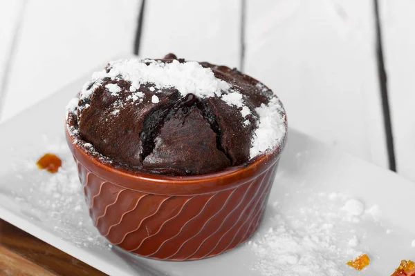 Accueil Soufflé Chocolat Cuit Assiette Avec Crème Glacée Vanille — Photo