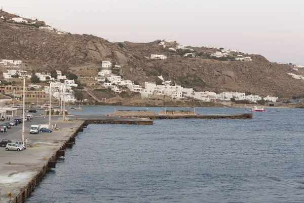 Mykonos Grécia Agosto 2017 Vista Pôr Sol Mykonos Main Ship — Fotografia de Stock