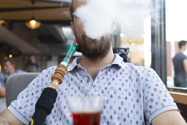 Portrait Bearded Man Smoking Shisha While Resting Cafe — Stock Photo, Image