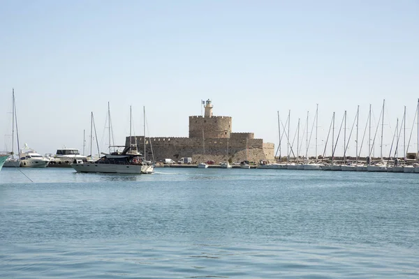 Tower Fort Van Sint Nicolaas Mandraki Militaire Haven Werd Bewaakt — Stockfoto