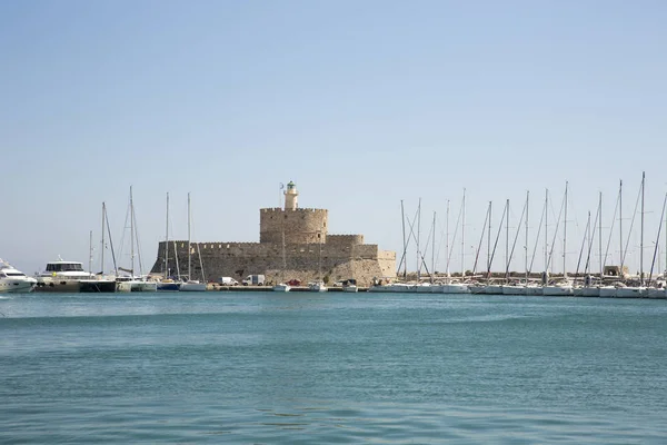 Tower Fort Van Sint Nicolaas Mandraki Militaire Haven Werd Bewaakt — Stockfoto