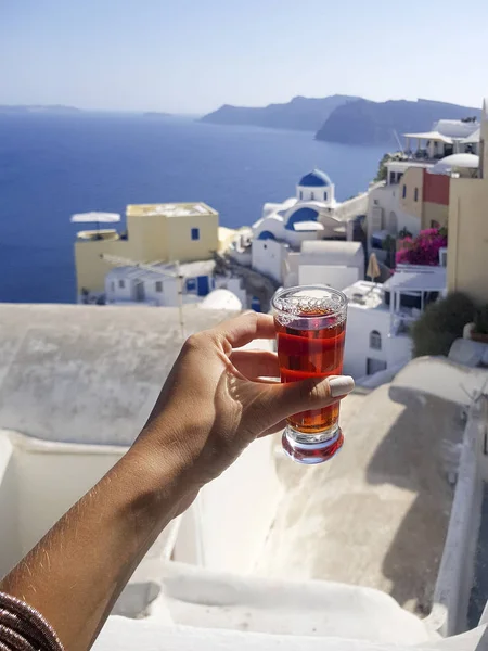 Partial View Woman Holding Homemade Sweet Rose Wine Small Shot — Stock Photo, Image