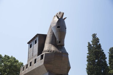 Canakkale, Turkey - October 30, 2016: Replica of wooden Trojan horse in ancient city Troy. Trojan War about the subterfuge that the Greeks used to enter the independent city of Troy and win the war.  clipart