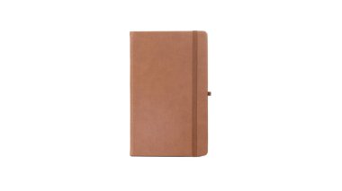 Kahverengi deri Pu gündem günlük defter ile beyaz arka plan üzerinde izole kalem sahibi. İleti örneğinde, günlük ya da randevu küçük kitap bir ana günlüğü bölüm alanı ile her gün için içeren kitaptır 