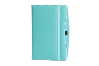 Turkuaz deri Pu gündem günlük defter ile beyaz arka plan üzerinde izole kalem sahibi. İleti örneğinde, günlük ya da randevu küçük kitap bir ana günlüğü bölüm alanı ile her gün için içeren kitaptır. 