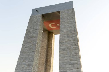Canakkale Martyrs' Memorial against to Dardanelles Strait. Turkish soldiers who participated at the Battle of Gallipoli, which took place from April 1915 to December 1915 during the First World War. clipart