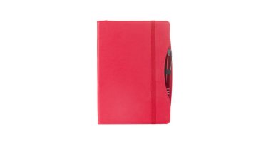 Kırmızı deri Pu gündem günlük defter ile beyaz arka plan üzerinde izole kalem sahibi. İleti örneğinde, günlük ya da randevu küçük kitap bir ana günlüğü bölüm alanı ile her gün için içeren kitaptır.