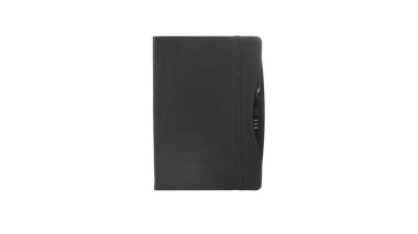 Siyah deri Pu gündem günlük defter ile beyaz arka plan üzerinde izole kalem sahibi. İleti örneğinde, günlük ya da randevu küçük kitap bir ana günlüğü bölüm alanı ile her gün için içeren kitaptır