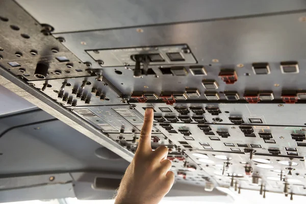 Airplane Pilot Cockpit Center Control Panels Closeup High Detailed View — Stock Photo, Image