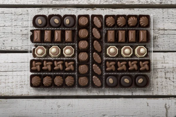 Luxury Box Assorted Handmade Chocolate Truffles White Wooden Rustic Background — Stock Photo, Image