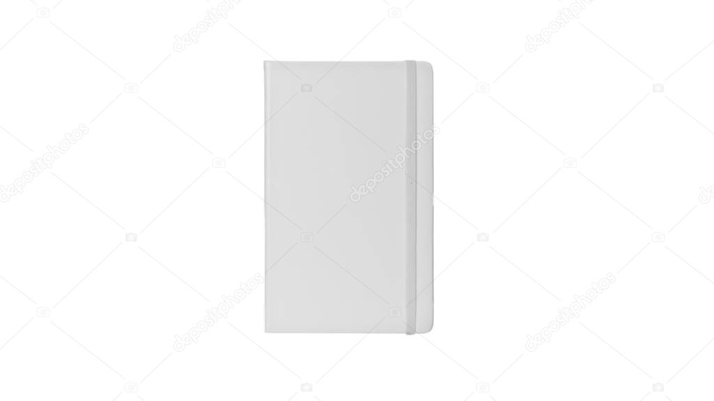 White Leather PU Agenda Diary Notebook with pen holder isolated on white background. In stationery, diary or appointment book is small book containing a main diary section with space for each day