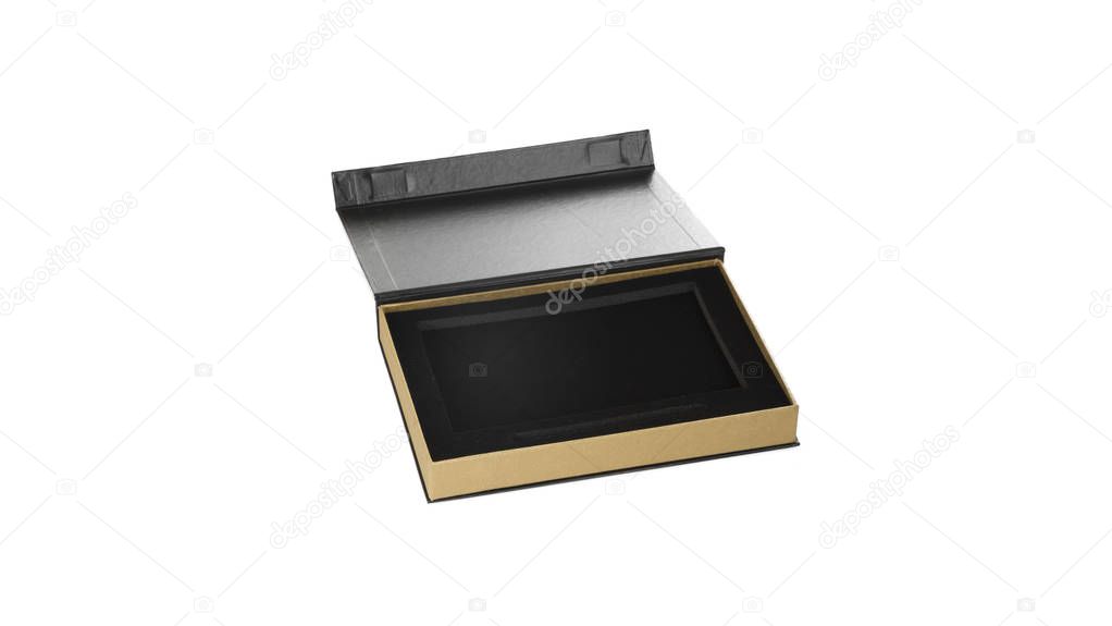 Opened black paper case with leather parts and gold line isolated on white background.
