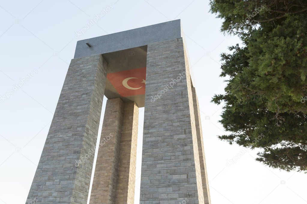 Canakkale Martyrs' Memorial against to Dardanelles Strait. Turkish soldiers who participated at the Battle of Gallipoli, which took place from April 1915 to December 1915 during the First World War.