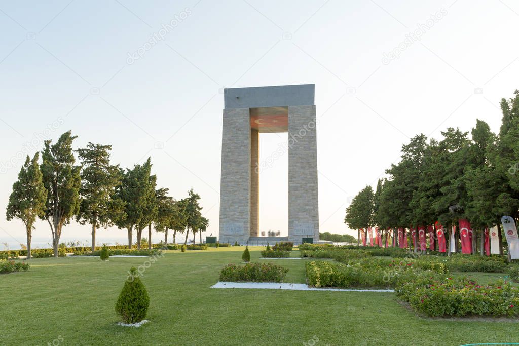 Canakkale Martyrs' Memorial against to Dardanelles Strait. Turkish soldiers who participated at the Battle of Gallipoli, which took place from April 1915 to December 1915 during the First World War.
