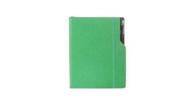 Beyaz arka plan üzerinde izole kalem sahibi ile yeşil deri Pu gündem günlük defter. İleti örneğinde, günlük ya da randevu küçük kitap bir ana günlüğü bölüm alanı ile her gün için içeren kitaptır