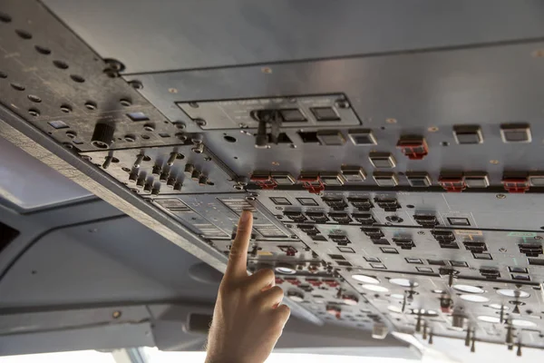 Airplane Pilot Cockpit Center Control Panels Closeup High Detailed View — Stock Photo, Image