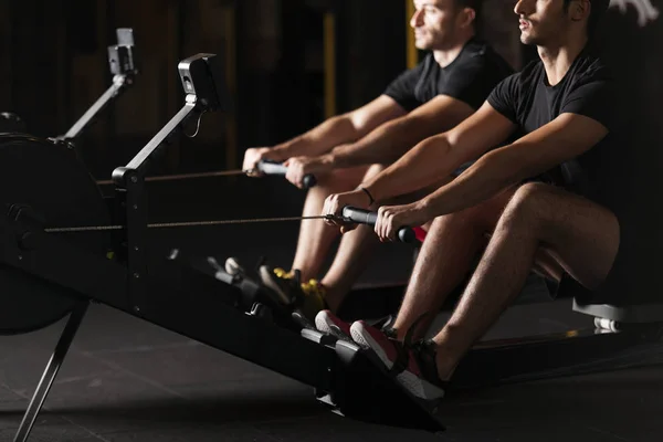 Two Young Sportsmen Performing Push Exercise Gym Dark Photography Concept — Stock Photo, Image