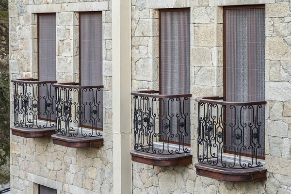 French Balcony Design Black Iron Rails Brown Wood Windows Special — Stock Photo, Image