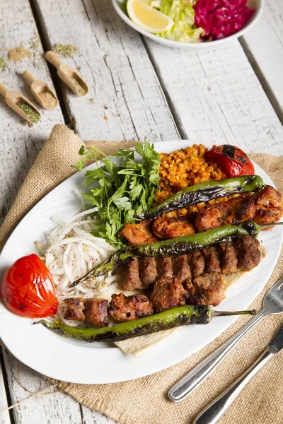 Close View Tasty Dish Meat Served Wooden Background — Stock Photo, Image