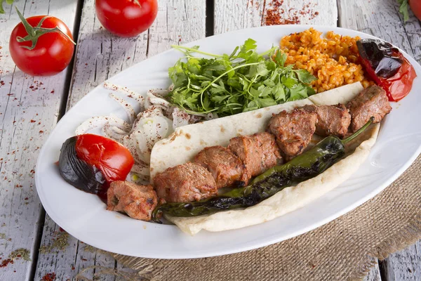 Close View Tasty Dish Meat Served Wooden Background — Stock Photo, Image