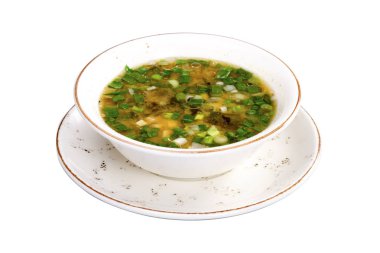 Beyaz arka plan üzerinde izole geleneksel Asya çorbası görünümünü kapat