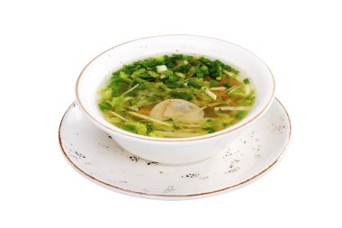 Beyaz arka plan üzerinde izole geleneksel Asya çorbası görünümünü kapat