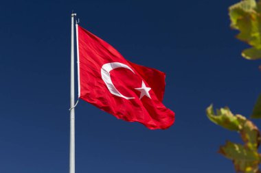 Türk bayrağı sallayarak zemin üzerine mavi gökyüzü ile