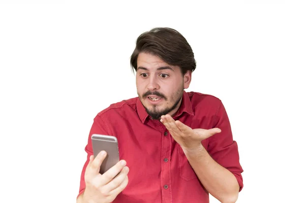 Portrait Man Red Shirt Using Smartphone Isolated White Background — Stock Photo, Image