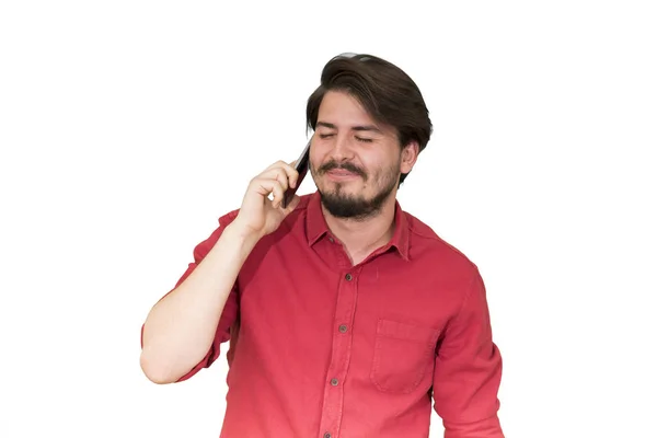 Young Bearded Man Talking Smartphone Isolated White Background — Stock Photo, Image