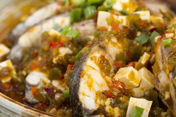 close up view of tasty cooked fish dish