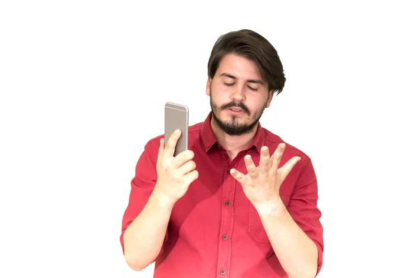 Jovem Barbudo Homem Falando Smartphone Isolado Fundo Branco — Fotografia de Stock