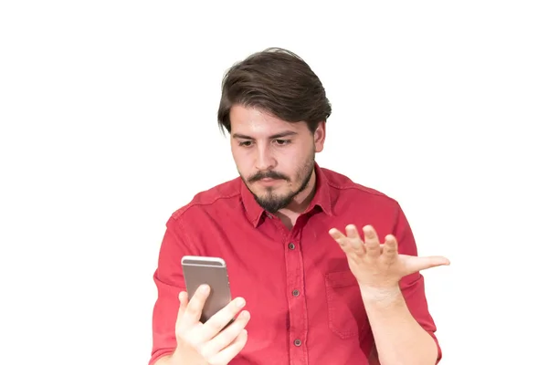 Portrait Man Red Shirt Using Smartphone Isolated White Background — Stock Photo, Image