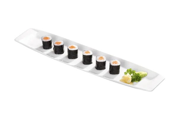 Zblízka Pohled Sushi Desce Izolovaných Bílém Pozadí — Stock fotografie