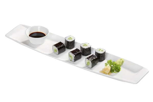 Zár Megjelöl Kilátás Válogatott Sushi Szójaszósz Lemez Elszigetelt Fehér Background — Stock Fotó