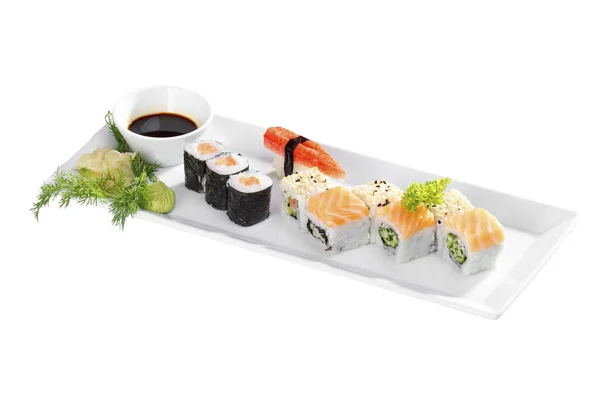 Vista Perto Sushi Variado Molho Soja Placa Isolada Fundo Branco — Fotografia de Stock