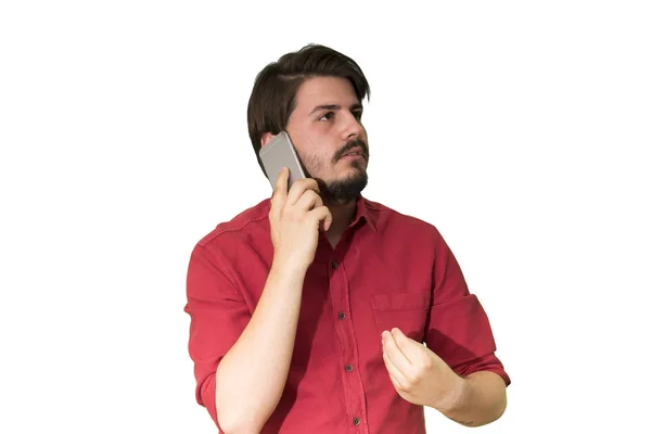 Young Bearded Man Talking Smartphone Isolated White Background — Stock Photo, Image
