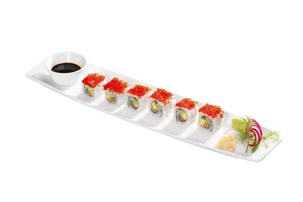 Vista Cerca Sushi Surtido Salsa Soja Plato Aislado Sobre Fondo — Foto de Stock