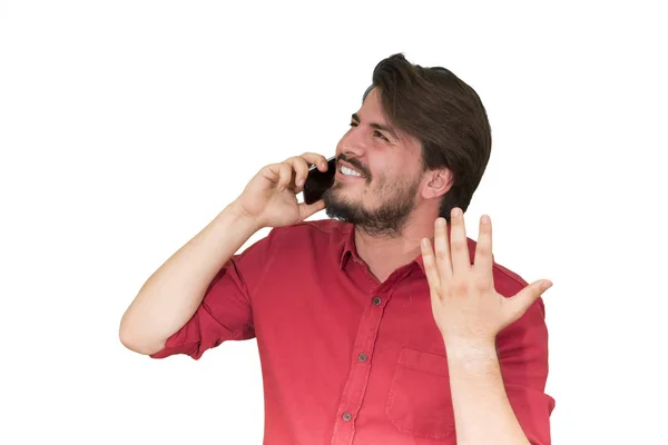 Young Bearded Man Talking Smartphone Isolated White Background — Stock Photo, Image