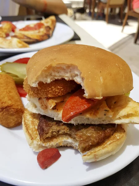 Stäng Upp Välsmakande Hamburgare Tallrik — Stockfoto