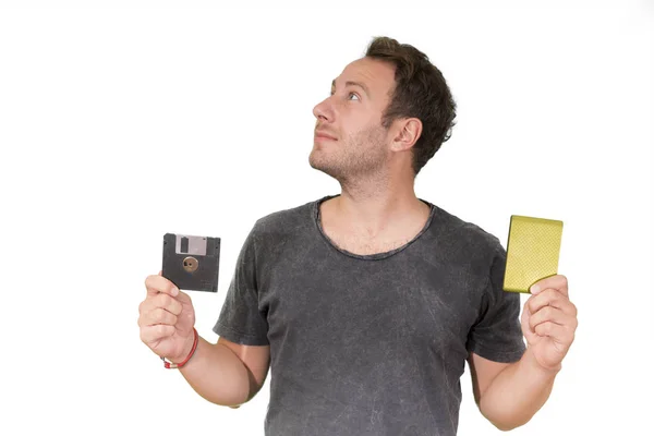 Portrait Man Holding Old Diskettes Isolated White Background — Stock Photo, Image