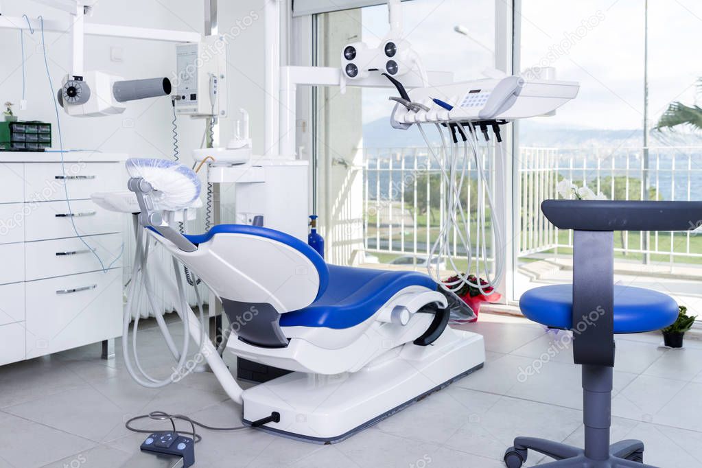 close up view of empty dentist office with sterile equipment